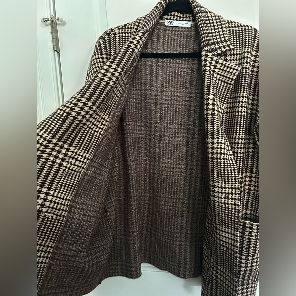 Zara Houndstooth Brown Tan Sweater Blazer - Picture 6 of 6